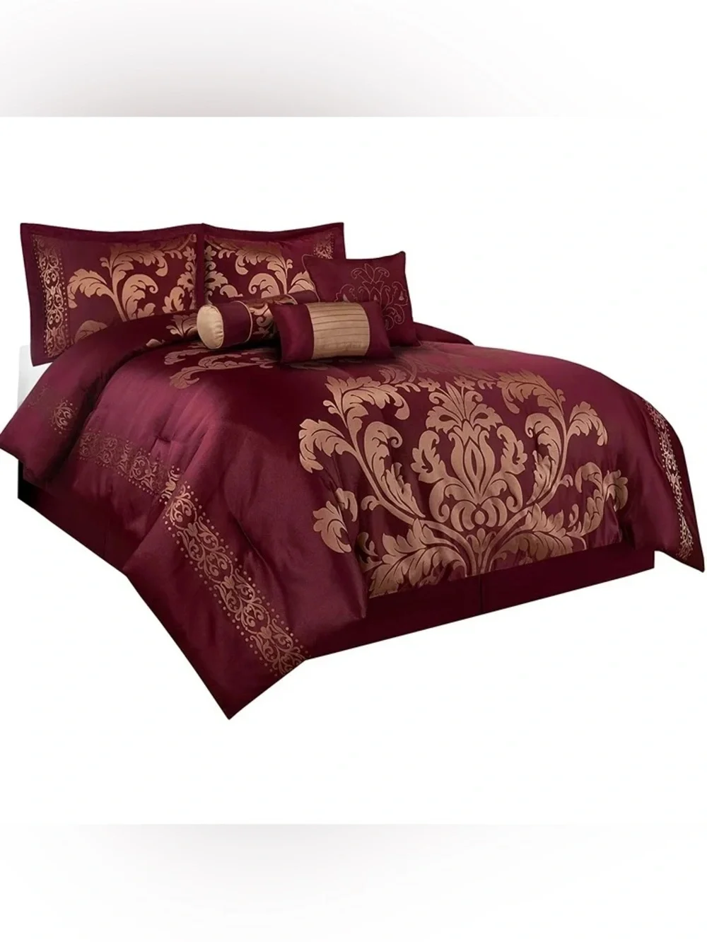 Elegant Maroon and Gold Damask 3 piece queen 3 piece Comforter Set
